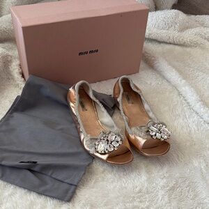 Miu Miu Metallic Rose Gold Crystal Embellished Peep-Toe Flats